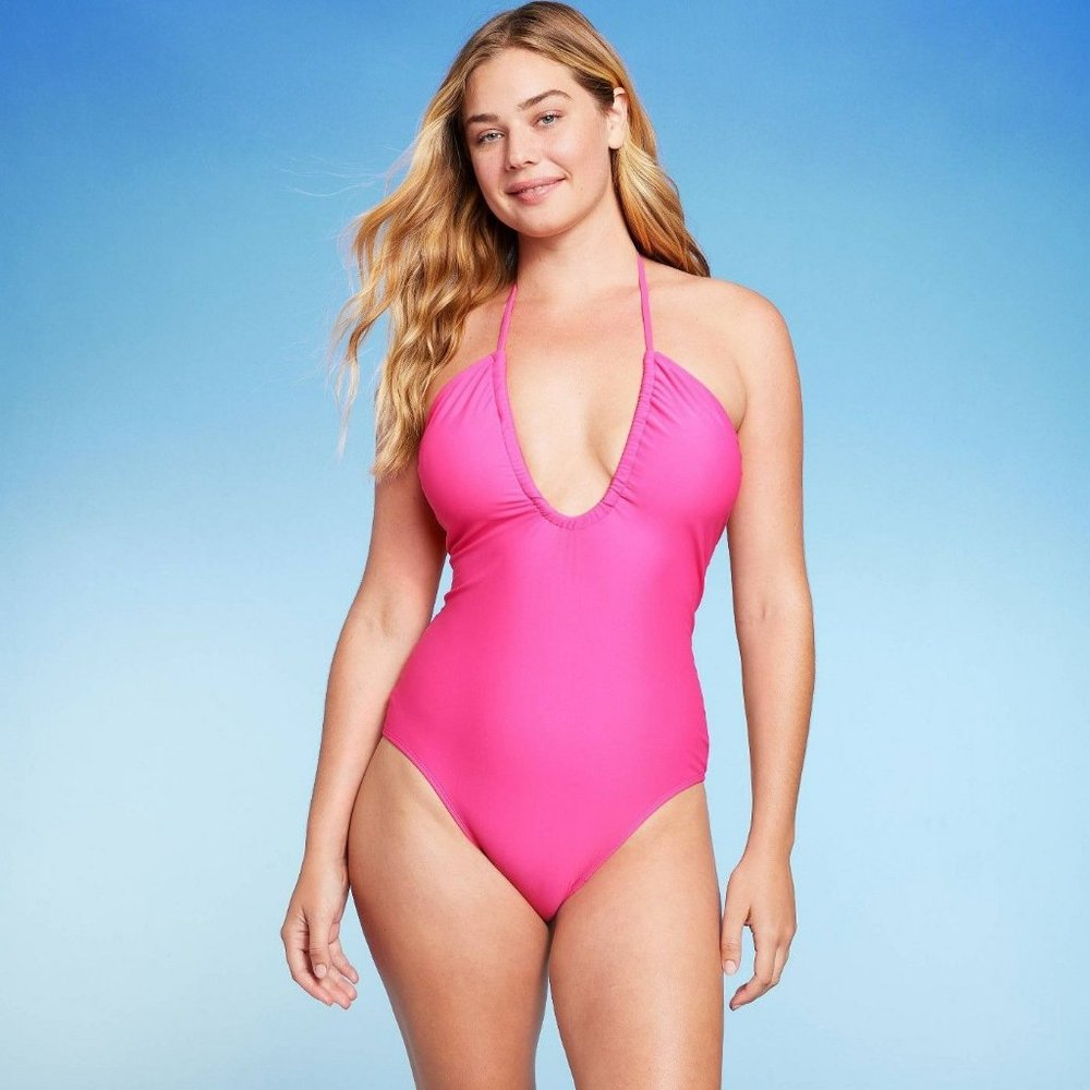 Women's Halter Keyhole Bandeau One Piece Swimsuit Shade & Shore Pink Large